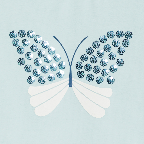 تيشيرت مزين بفراشة مطرزة بالترتر باللون الأزرق للفتيات